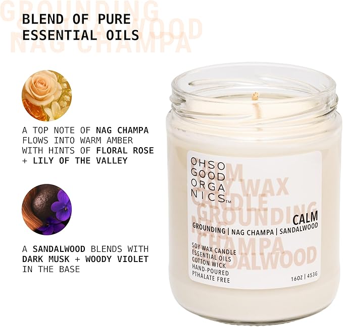Scented Soy Wax Candle for Home with Hints of Nag Champa, Sandalwood, and Essential Oils, Soy Candles Non Toxic, Aromatherapy Candles, 16oz, 60 Hours Burn Time, Calm Scent