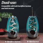 Backflow Incense Burner and Ceramic Incense Holder Waterfall, with 120 Backflow Incense Cones + 30 Incense Stick + 1 Decorative Pad + 1 Tweezer, Aromatherapy Ornament, Green