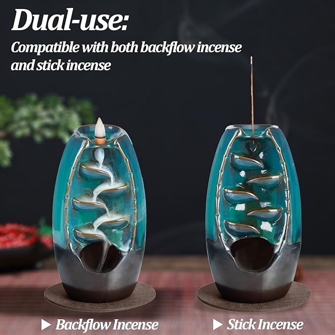 Backflow Incense Burner and Ceramic Incense Holder Waterfall, with 120 Backflow Incense Cones + 30 Incense Stick + 1 Decorative Pad + 1 Tweezer, Aromatherapy Ornament, Red