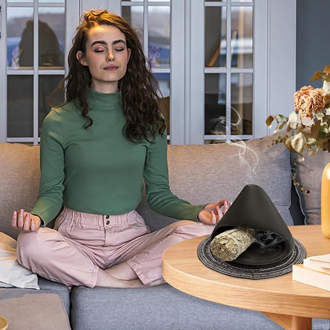 Yawlsow Palo Santo Holder Burner, Charcoal Bakhoor Incense Burner,Smudge Bowl,Sage Holder,Ash Catcher for Meditation Zen Decor (Black+Mat)