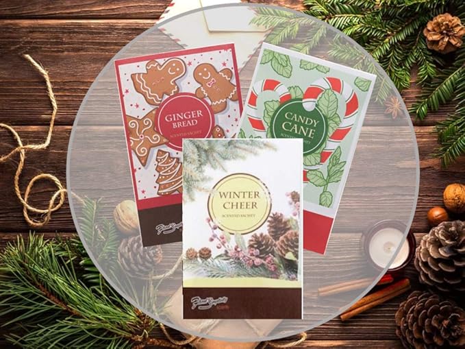 Simplicity Sachets Scents of The Season 3 Gingerbread, 3 Candy Cane, 3 Winter Cheer - 9 Pack - Long Lasting, ECO-Friendly Home Fragrance Perfect for Any Space