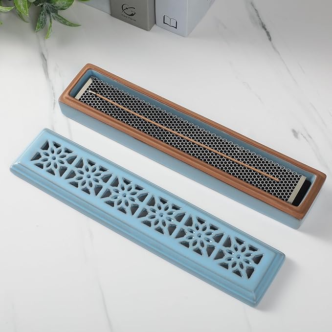 Incense Holder,Ceramic Incense Holder for Sticks with Ash Catcher,Coffin Style Incense Box,Incense Burner for Meditation Yoga Spa Room Decor(Blue)