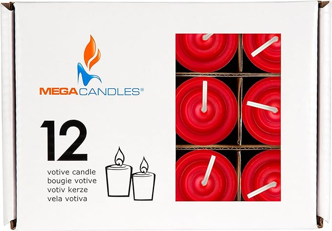 Mega Candles 12 pcs Unscented Red Votive Candles, Hand Poured Wax Candle 10 Hours 1.38 Inch x 1.5 Inch, Home Décor, Wedding Receptions, Centerpieces, Occasions, Events, Meditations, Holders