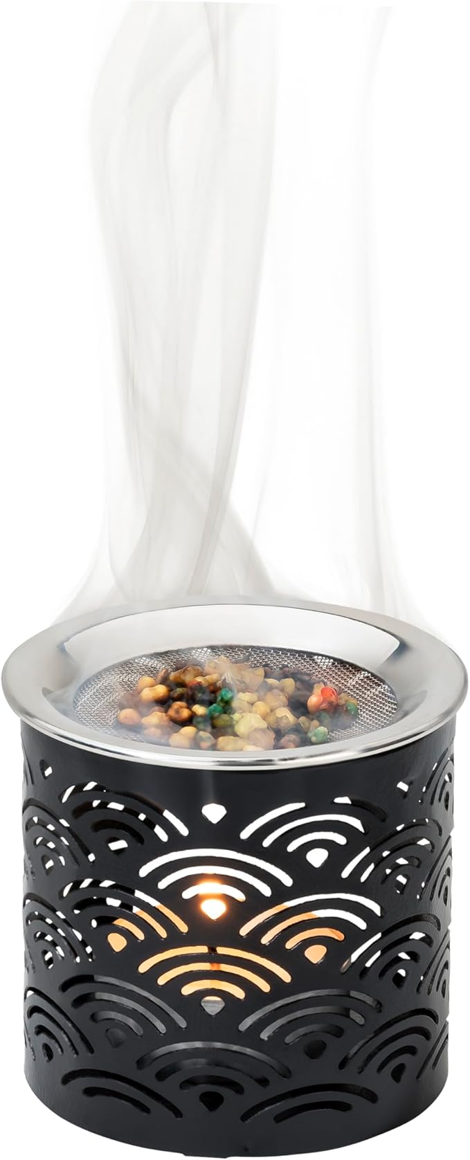 Handcrafted Black Iron Incense Burner - Height 2.36 inch with Exchangeable Stainless Steel Incense Sieve for Safe Burning with Tealight - Aromatic Censer and Essential Oils Holder