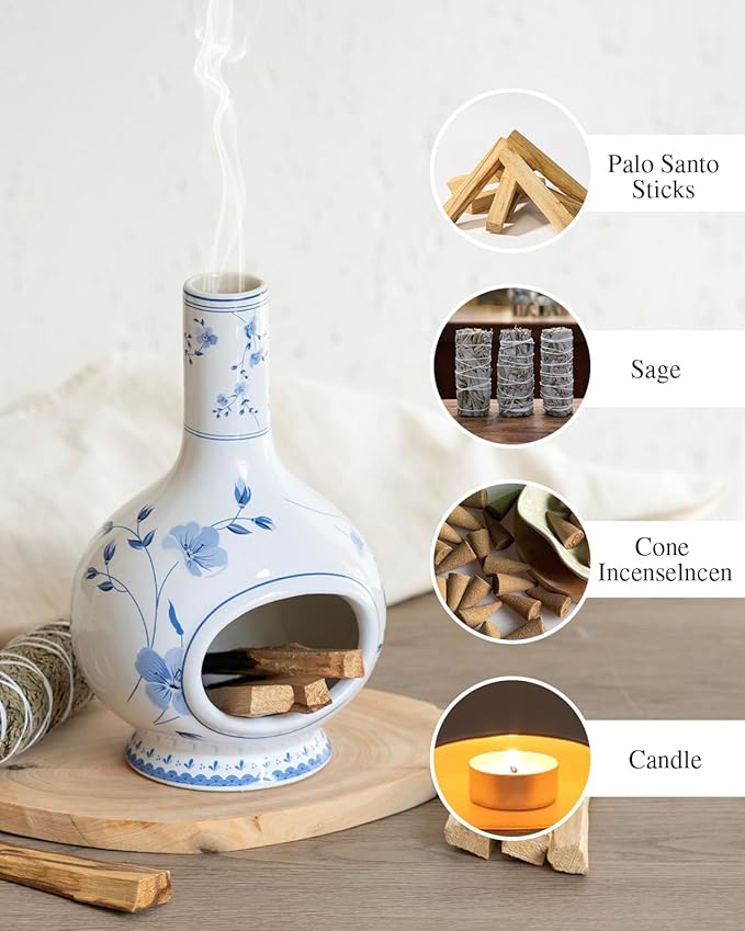 Ceramic Incense Holder Palo Santo Burner - Handmade Blue and White Porcelain Mini Chiminea for Ash Catching & Meditation Decor - Vintage Oriental Burner for Yoga Room Spiritual Gift
