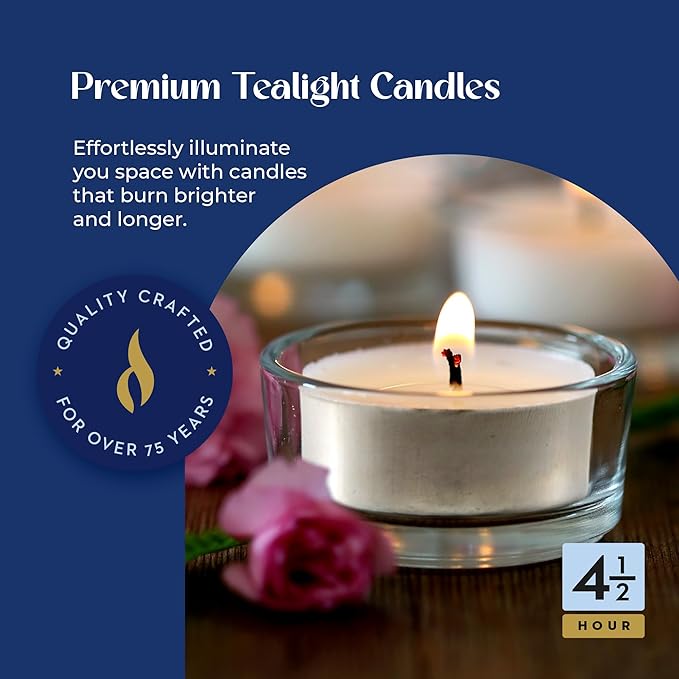 Lerner Tealight Candles, 100 Count| 4.5 Hours Long-Burning White Tea Light Candles| Non-Toxic, Smokeless & Soot-Free Tea Light Warmer Candles | Unscented Party, Décor, Shabbat Tea Candles