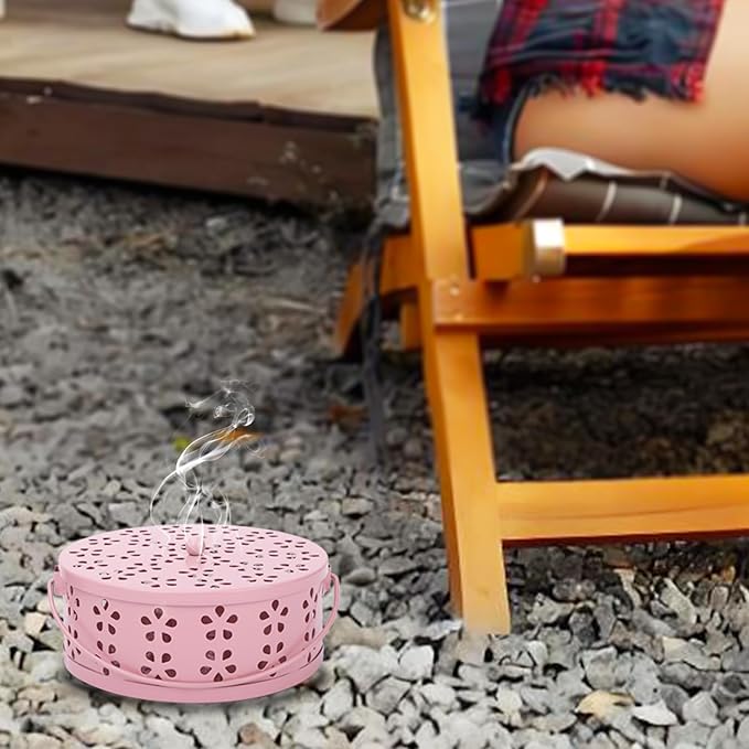 2-Pack Citronella Coil Holder Portable Iron Mosquito Coil Holder Incense Burner with Lid and Handle Round Coil Incense Holder (Bronze/Pink)