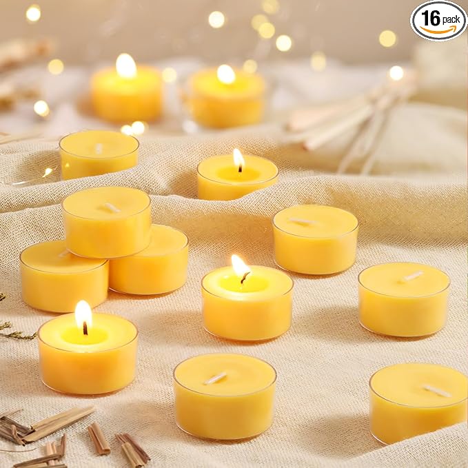 Citronella Scented Tea Lights Candles – Yellow – 6 Hour Burn – 100% Palm Wax – Scented Tealight Candles for Outdoor Summer Nights, Patio Dining – 16 Pack Scent Votive Candle