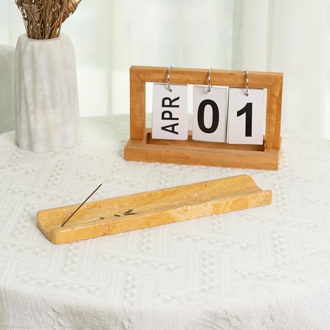Koville Travertine Incense Holder, Incense Holder for Sticks, Long Incense Sticks Holder Ash Catcher for Meditation Yoga SPA, Natural Stone Incense Burner, Home Table Decor(Yellow)