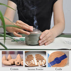 Ceramic Incense Holder with Beauty Lid,Coil Incense Burner for Cone and Powder Incense,Mediation Gift,Home Decor（Light Green）