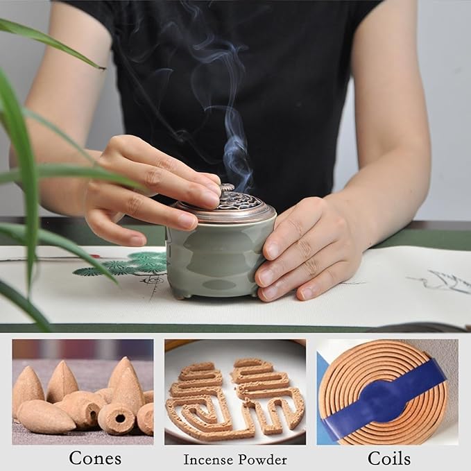 Ceramic Incense Holder with Beauty Lid,Coil Incense Burner for Cone and Powder Incense,Mediation Gift,Home Decor（Light Green）