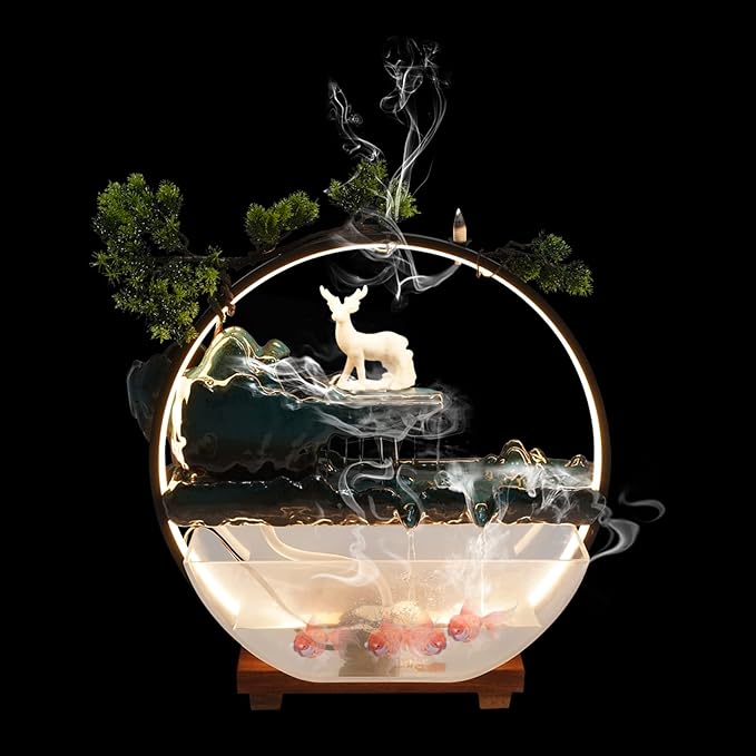 Backflow Incense Holder with Water Fountains and LED Light, Rockery, Deer and Aquariums Perfect for Relaxing or Home Decor (Deer witn Fish Tank)