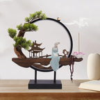 Backflow Incense Holder with LED Light and Pines, Ceramic Lady Chinese Style Backflow Incense Burner Perfect for Relaxing or Home Decor