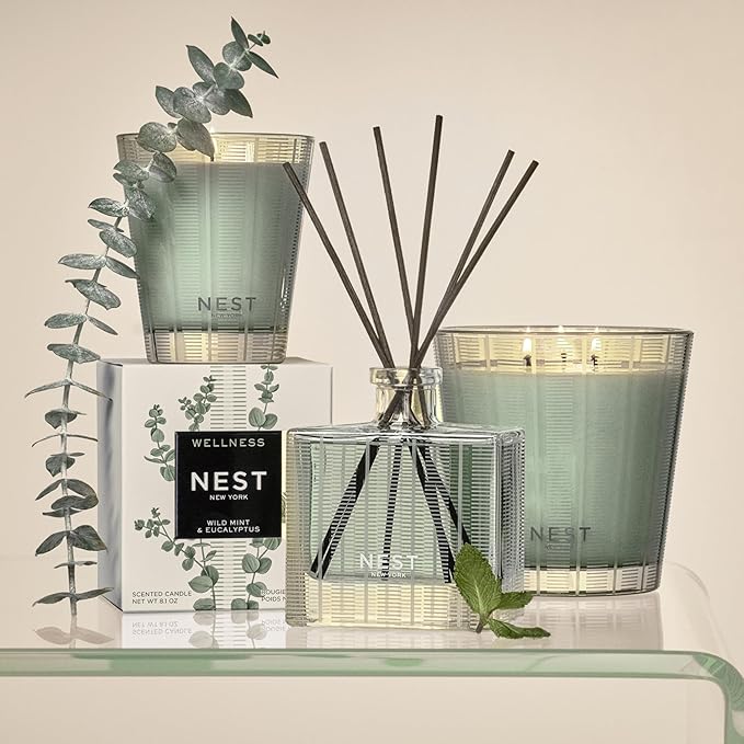 NEST New York Reed Diffuser, Wild Mint & Eucalyptus - 5.9 fl oz - Fragrance for Up to 90 Days - Reusable, Refillable Glass Holder - Includes 8 All-Natural Reed Sticks - Flame Free