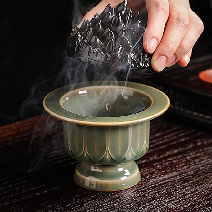 Ceramic Incense Burner with Lid of Mountain Shape,Incense Cone Holder for Coil Incense and Powder Incense,Mediation Gift,Room Decor(Celadon)