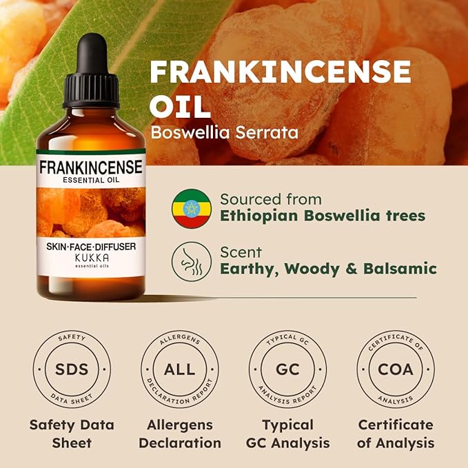 KUKKA Frankincense Essential Oils - 4 Fl Oz - for Hair, Skin, Diffuser, Aromatherapy & DIY Soap Making Scent