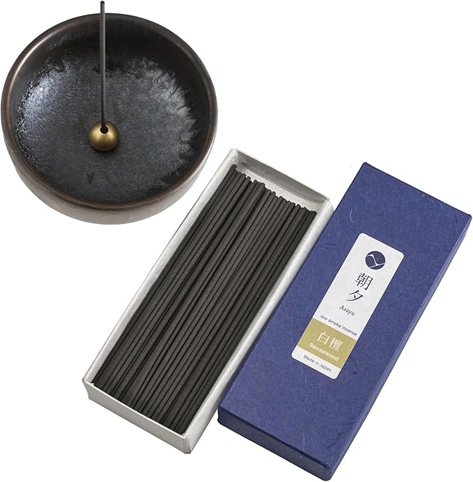 Asayu Japan Traditional Smoke Gift Set with Incense Holder and Brass Stand, Sandalwood Incense Sticks with Zen Ceramic Holder