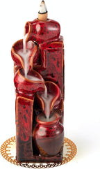 Unique Cascading Basins Ceramic Waterfall Incense Holder, Paired with a Pack of Backflow Incense Cones. (Fambe Red)