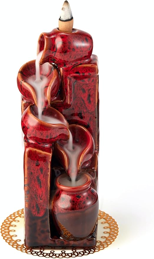 Unique Cascading Basins Ceramic Waterfall Incense Holder, Paired with a Pack of Backflow Incense Cones. (Fambe Red)