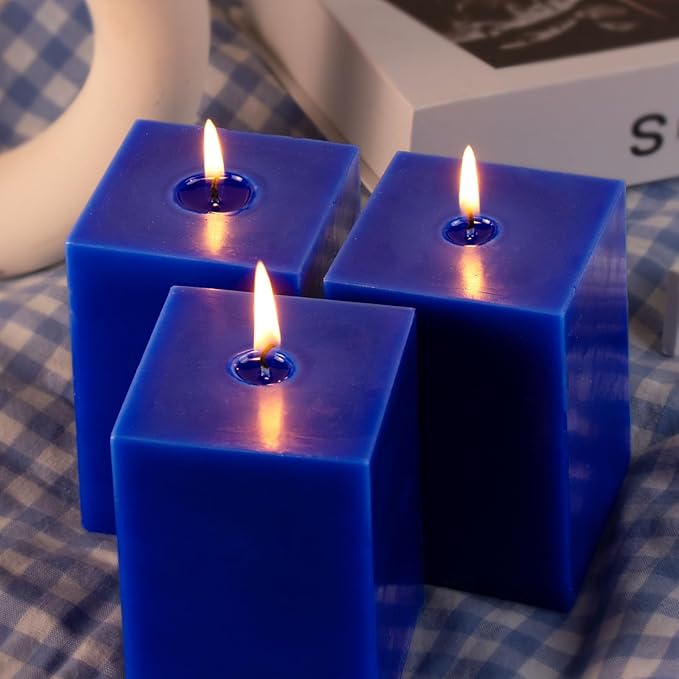 KONNI Square Classic Blue Pillar Candles Set of 3, 2.8"x 4" Unscented Pillar Candles Bulk, 30 Hours Long Burning Candles, Smokeless Dripless Large Candle for Wedding, Home Decoration, Parties, Spas