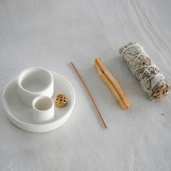 4 in 1 Incense Holder, Palo Santo Stick Holder,Sage Holder for Burning- 4.25" Sage Incense Holder for Meditation Room Home Decor (White Speckles)