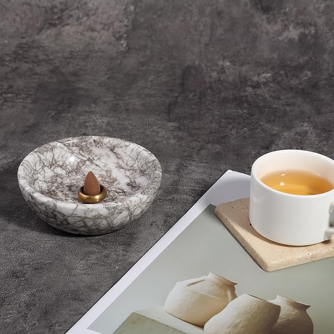 Koville Natural Marble Incense Holder, Incense Holder for Sticks with 9 Holes, Handmade Incense Burner Ash Catcher for Meditation Yoga SPA, Balsam Fir/Palo Santo/Sage/Cone (Gris Lido)