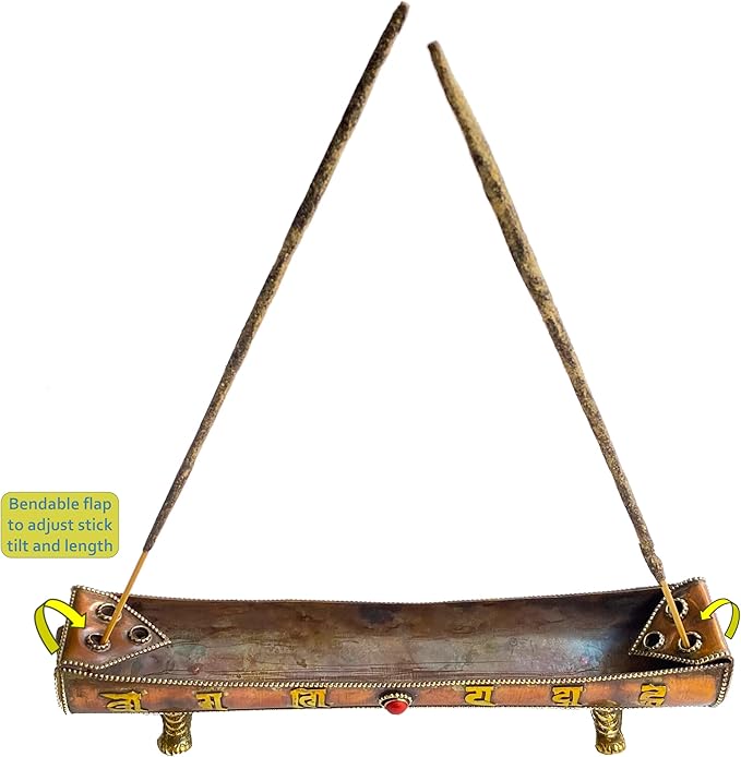 Traditional Handmade Incense Holder for Sticks and Cones | 100% Pure Copper & Brass Incense Burner | Buddhha & Buddhist Text | Stand Holds 6 Sticks & 6 Cones | Effective Ash Catcher