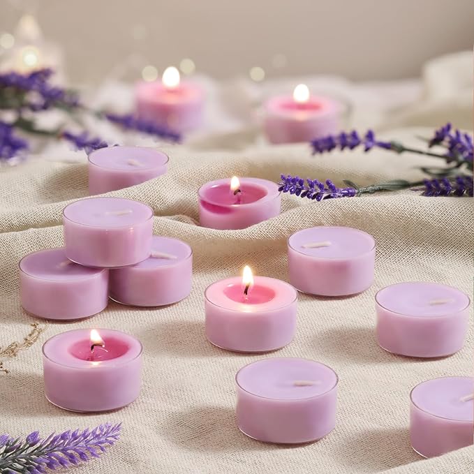 Scented Tea Lights Candles, Lavender Twilight, 48 Pack – Purple Scented Tealight Candles – 100% Palm Wax, 6 Hour Burn Aromatherapy Tea Light Votive Candle for Relaxation, Spa, Yoga, Home Decor
