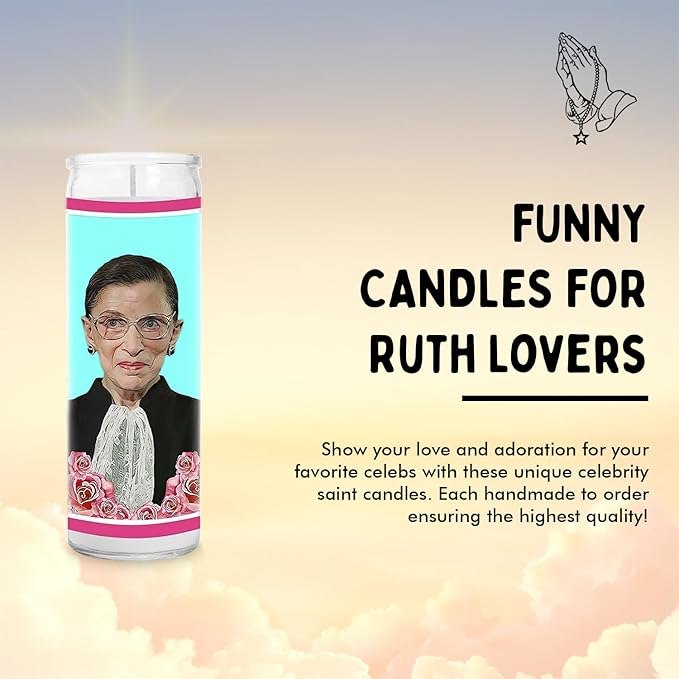 Ruth Celebrity Glass Jar Candle – Unscented Handmade Soy Wax Votive Candle – Unique Gift for Bader Ginsberg Fans & Law Lovers – Home Decor Collectible for Living Room & Office – 8 Inch
