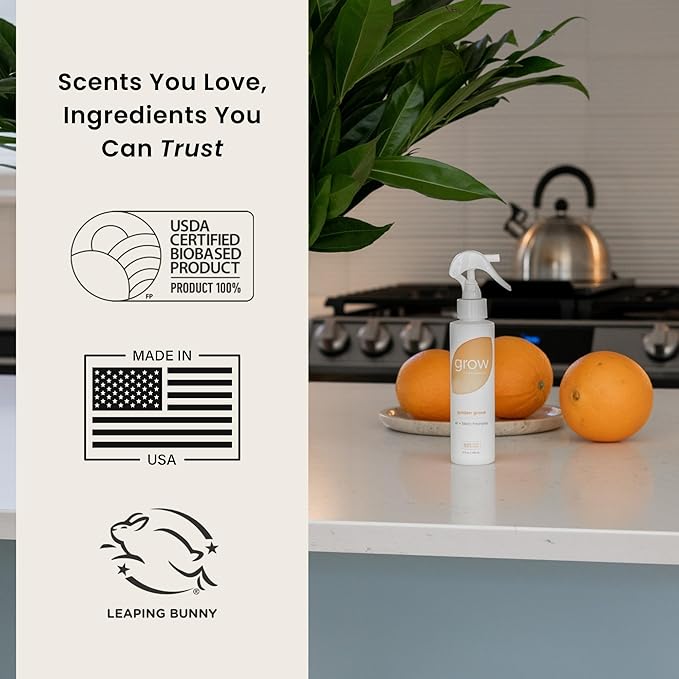 Grow Fragrance 100% Plant-Based Air Freshener Spray | Freshen Fabric & Rooms | Golden Grove Scent - Citrus, Fruits, Watery Green Notes | Made with Natural Essential Oils - 2 Pack, 5 oz each