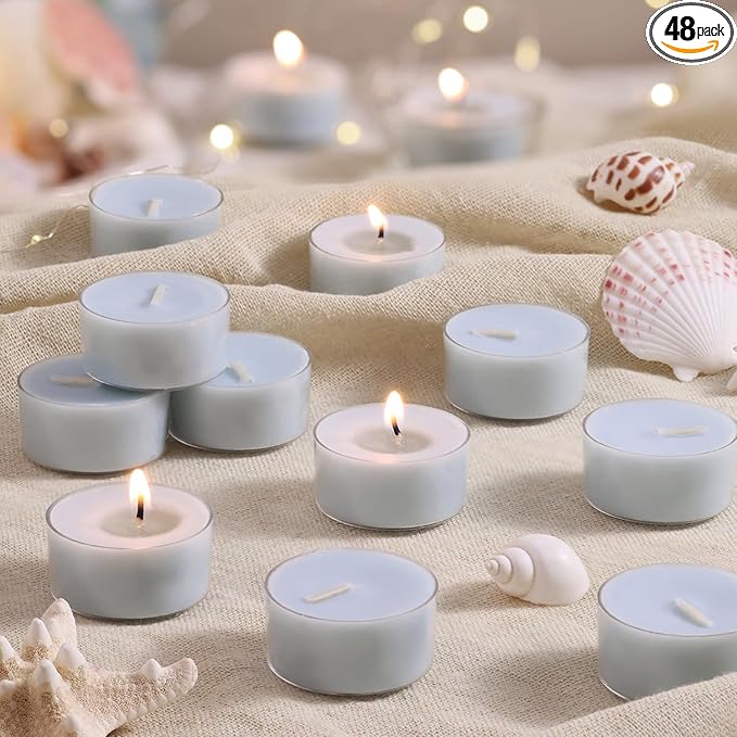 Ocean Memory Scented Tea Lights Candles – Soft Blue – 6 Hour Burn – 100% Palm Wax – Scented Tealight Candles for Holiday Relaxation, Winter Gatherings – 48 Pack Scent Votive Candle