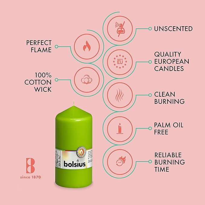 BOLSIUS 8 Lime Green Pillar Candles - 2.75 x 5 Inches - Premium European Quality - Individually Wrapped - 43 Hours Burn Time - Dripless & Smokeless - Unscented Dinner, Wedding & Restaurant Candles