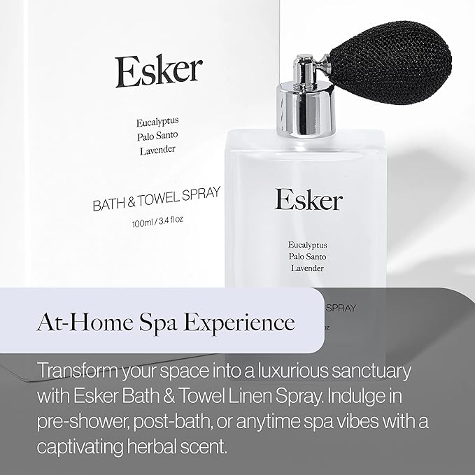 Esker - Natural Eucalyptus Towel + Linen Spray | Clean, Vegan Home Fragrance + Aromatherapy (3.4 fl oz | 100 ml)