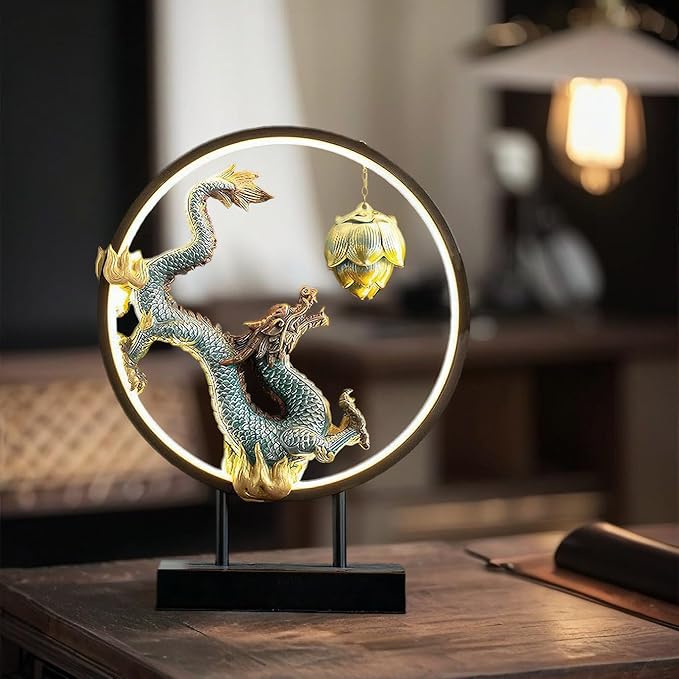 Chinese Ceramic Dragon Statue Backflow Incense Burner Sculpture with USB Power, LED Light Ring,Adjustable Brightness (BJL002)