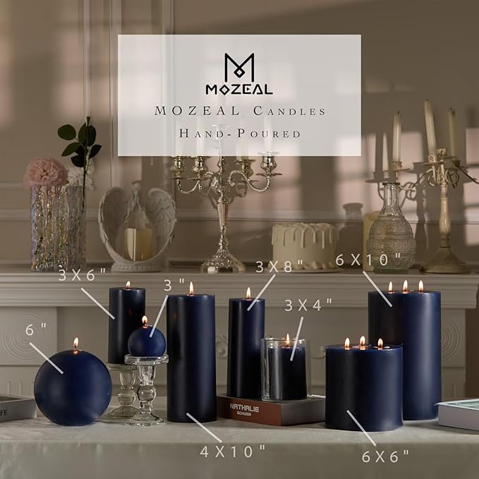 MOZEAL 4" x 10" Extra-Large Navy Blue Pillar Candles (Set of 2), Unscented,Dripless, Smokeless,Long Clean-Burning,These Tall 10 inch Large Blue Pillar Candles Perfect for Weddings and Christmas Decor