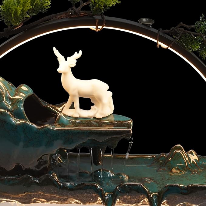 Backflow Incense Holder with Water Fountains and LED Light, Rockery, Deer and Aquariums Perfect for Relaxing or Home Decor (Deer witn Fish Tank)