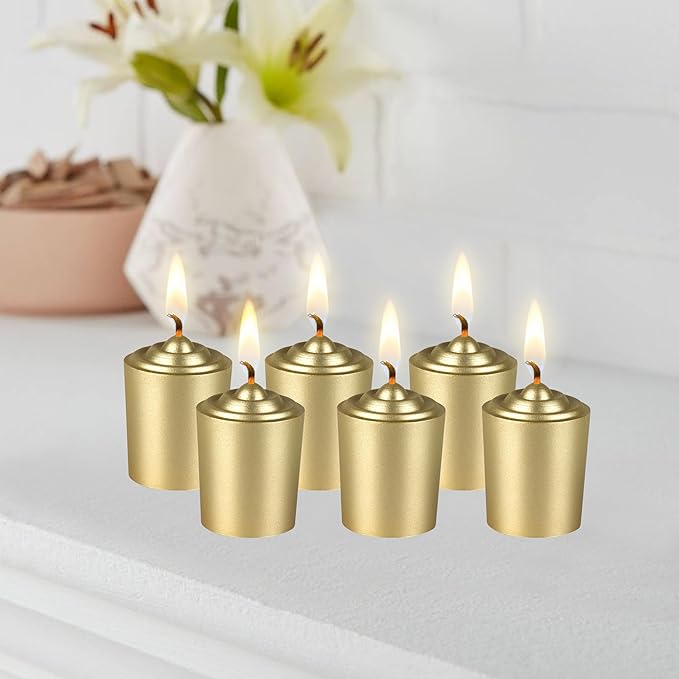 Mega Candles 12 pcs Unscented Gold Votive Candles, Hand Poured Wax Candle 15 Hours 1.5 Inch x 2.25 Inch, Home Décor, Wedding Receptions, Centerpieces, Occasions, Events, Meditations, Holders