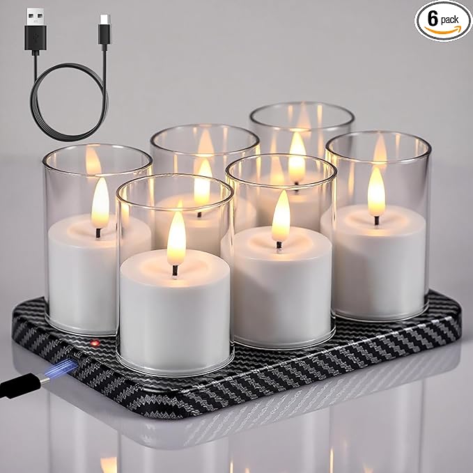 Rechargeable Votive Candle Battery Operated, 6 Pcs Rechargeable Tealights Candles with Charging Base, Acrylic Clear LED Flameless Votive Candle with 6H Timer for Halloween Christmas Decor