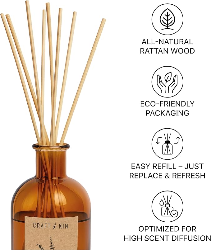 Craft & Kin Reed Diffuser Sticks – 3 Pack of 8 Natural Rattan Sticks per Pouch – Home Fragrance Refill, Eco-Friendly Reed Replacement for Essential Oil Diffusers