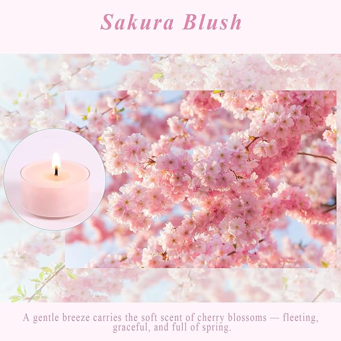 Scented Tea Lights Candles, Sakura Blush, 16 Pack – Soft Pink Scented Tealight Candles– 100% Palm Wax – 6 Hour Burn Time Aromatherapy Tea Light Votive Candle for Spring Decor, Bath, Romance