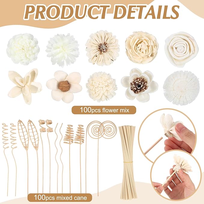 Cindeer 200 Pcs Reed Diffuser Sticks Set Include 10 Style 100 Pcs Natural Rattan Flower Reed 7 Style 100 Pcs Mixed Fragrance Diffuser Rattan Reed Fragrance Diffuser Replacement for Home Fragrance