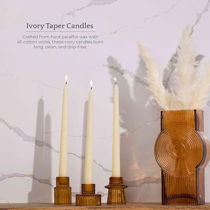 Bask 10-inch Taper Candles - Unscented and Dripless - Burns for 8 Hours - Home Decor for Dinner Table, Kitchen, and Bedroom - Perfect for a Romantic Date or Anniversary - 12-Pack - Ivory