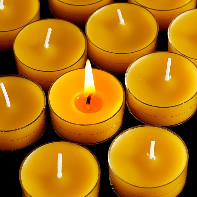 24 Pack Beeswax Tealight Candles,Natural Beeswax Candles Bulk 4 Hour Burn Time,Yellow Tea Lights Candle for Home Decoration,Wedding,Party, Centerpiece