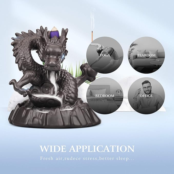 Ceramic Dragon Backflow Incense Holder Waterfall Incense Burner, Smoke Incense Holder, with 70 Backflow Incense Cones + 50 Incense Stick, 1 Mat, 1 Tweezers Home Decor (Brown-Dragon)