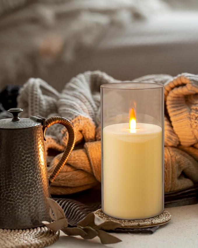 Flameless Candles, LED Candles with Remote Control and Timer, New True Analog 3D Wick Battery-Powered Acrylic Pillar Candle for Romantic Ambience and Home Décor, 3 Piece Set (Ivory)