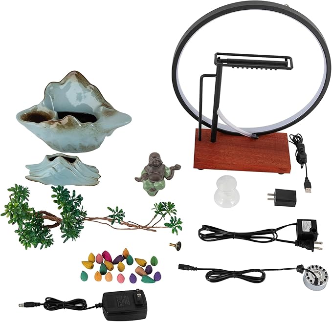 Backflow Incense Holder with Water Fountains and LED Light, Rockery, Maitreya and Plants Perfect for Relaxing or Home Decor (Maitreya)
