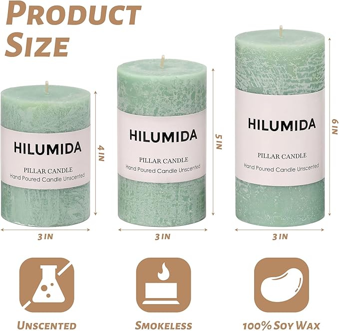 Sage Green Pillar Candles Set of 3 - Hand-Poured Unscented Candles,Smokeless Dripless Candles for Dinner Table and Home, Set of 3 in Different Sizes (3"x4", 3"x5", 3"x6")