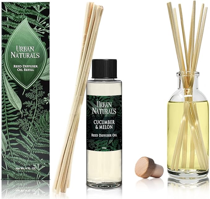 Urban Naturals Reed Diffuser Oil Refill Cucumber Melon, Crisp Cucumber, Juicy Melon, Refreshing Summer Scent, 4 oz + Free Reed Sticks, Made in The USA