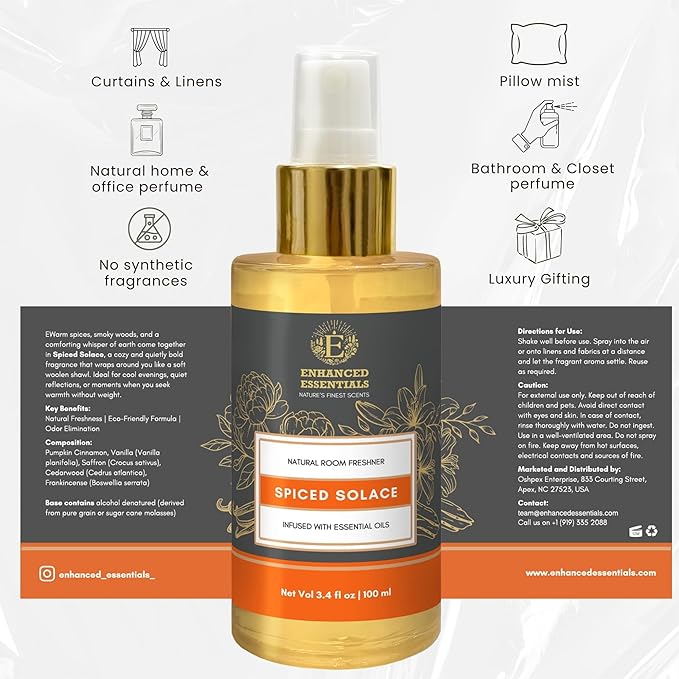 Spiced Solace Natural Perfume Surround Spray | Warm Spicy Scent inspired by Fall Season | No Parabens, No Synthetics | Essential Oil-Based |100ml