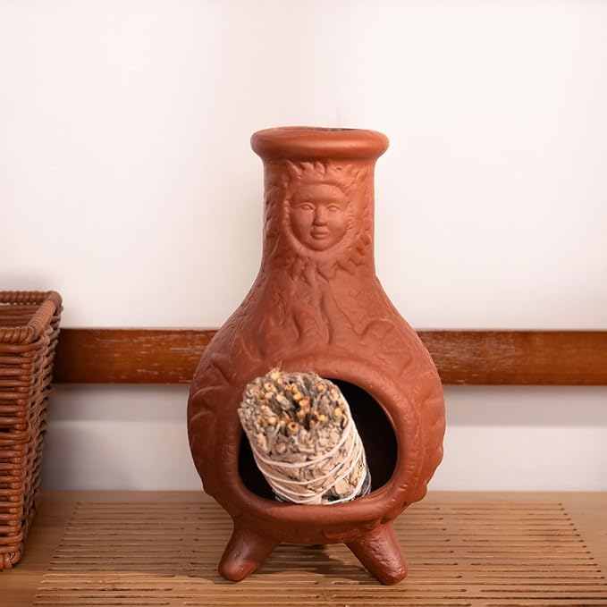 Handcrafted Terracotta Palo Santo Holder with Sun Face Design - Mini Chiminea Incense Burner for Sage & Copal - Thoughtful Gifts for Meditation, Yoga, Aromatherapy
